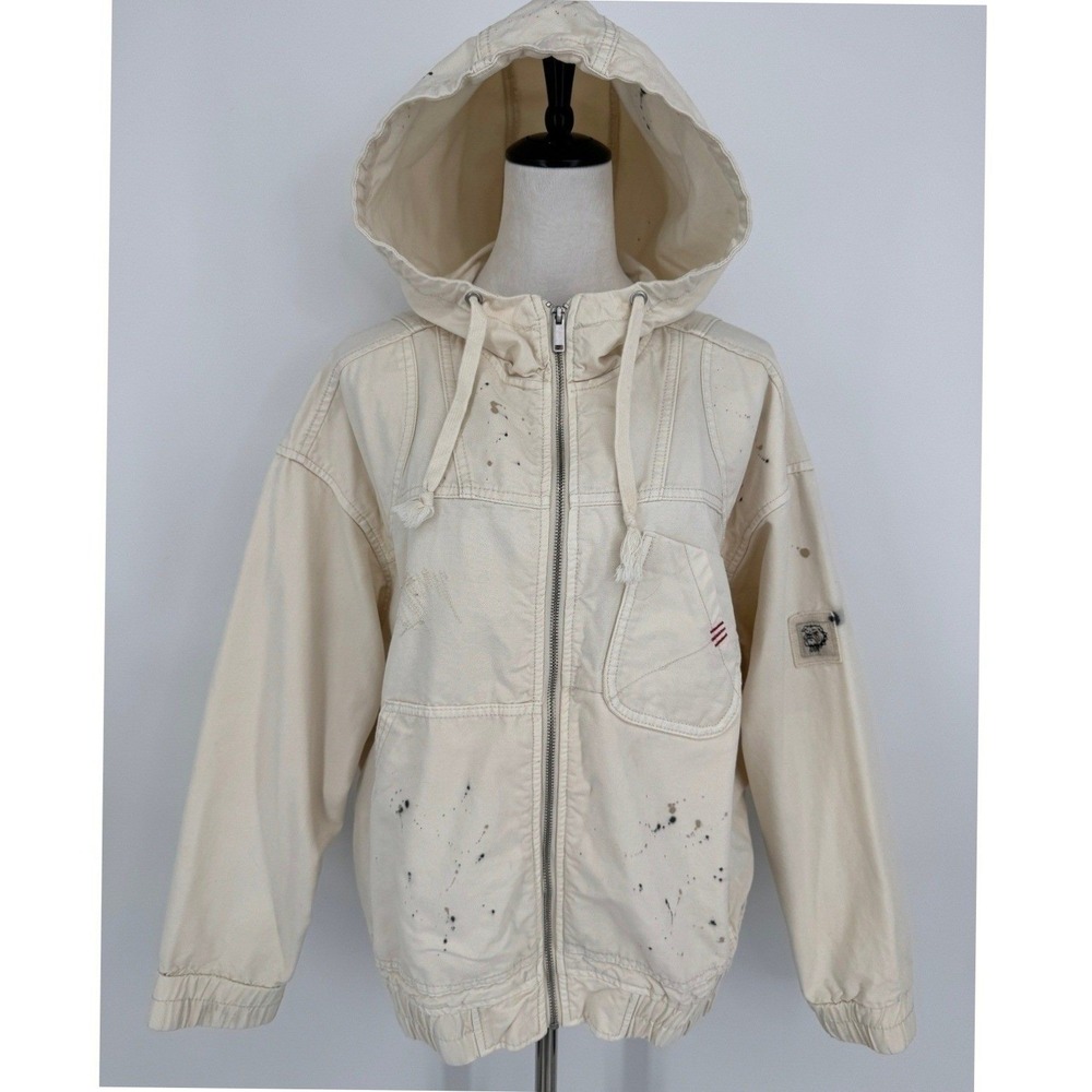 BDG Hooded Jacket Size Medium Cream Paint Splatter Workwear Grunge Casual Street - Picture 1 of 12